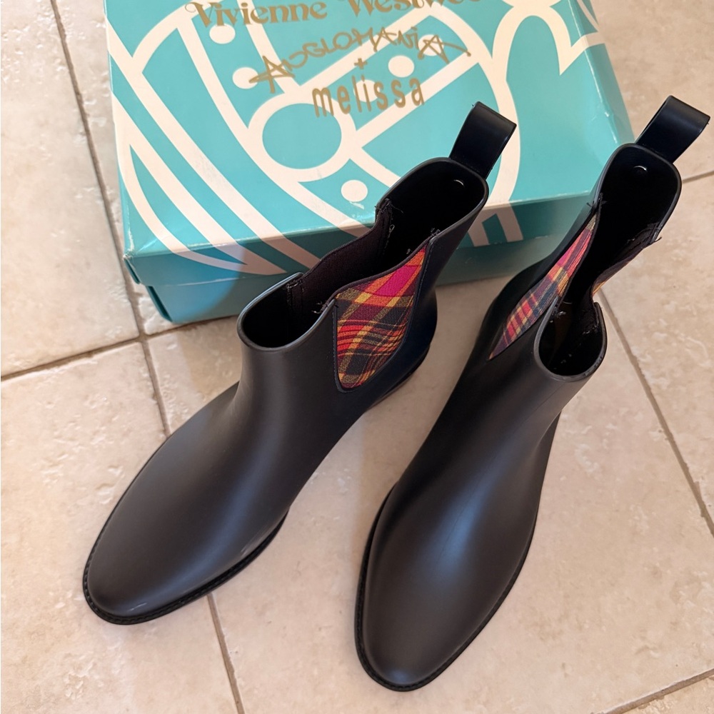 Vivienne Westwood Black Rain Boots with Plaid Accent